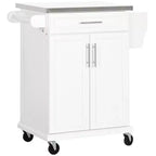 FAMYYT White Stainless Steel Top 33 in. Kitchen Island Cart with Utility Storage, Drawers, Spice Rack, Towel Rack, and 4 Wheels