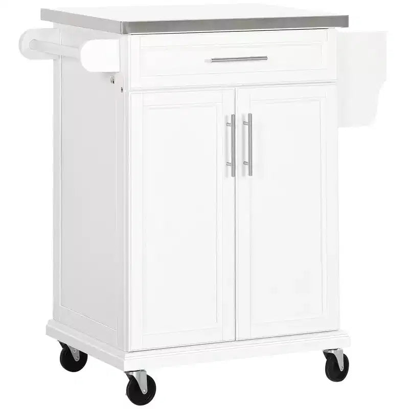 FAMYYT White Stainless Steel Top 33 in. Kitchen Island Cart with Utility Storage, Drawers, Spice Rack, Towel Rack, and 4 Wheels