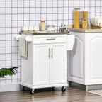 Dessus en acier inoxydable blanc Chariot d'îlot de cuisine de 33 po avec rangement utilitaire, tiroirs, porte-épices, porte-serviettes et 4 roulettes