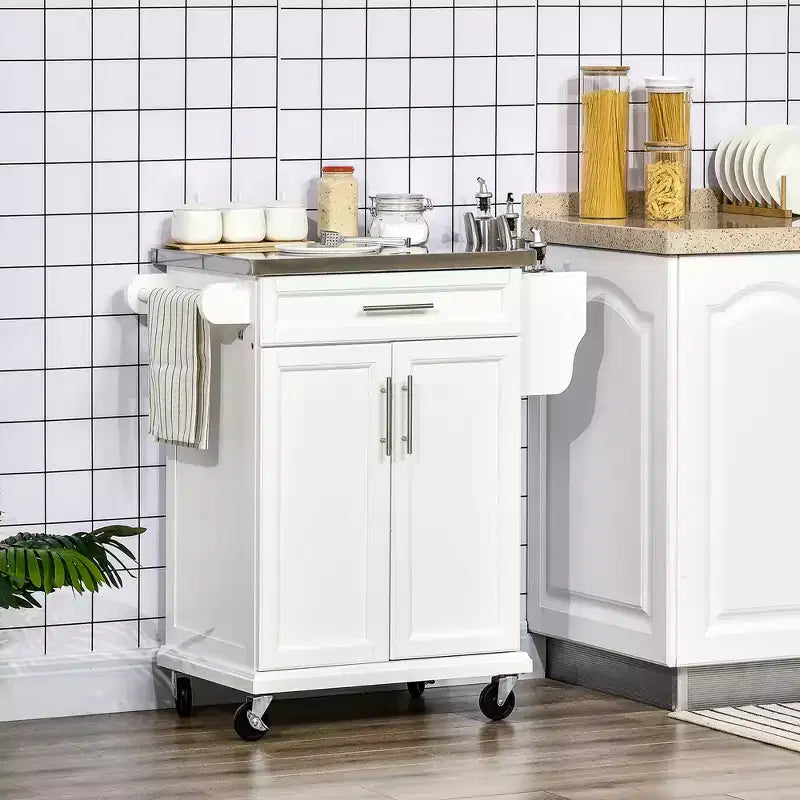 Dessus en acier inoxydable blanc Chariot d'îlot de cuisine de 33 po avec rangement utilitaire, tiroirs, porte-épices, porte-serviettes et 4 roulettes