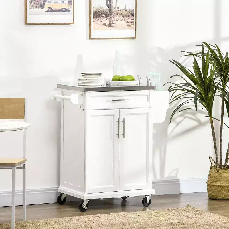 Dessus en acier inoxydable blanc Chariot d'îlot de cuisine de 33 po avec rangement utilitaire, tiroirs, porte-épices, porte-serviettes et 4 roulettes