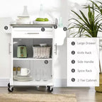 Dessus en acier inoxydable blanc Chariot d'îlot de cuisine de 33 po avec rangement utilitaire, tiroirs, porte-épices, porte-serviettes et 4 roulettes