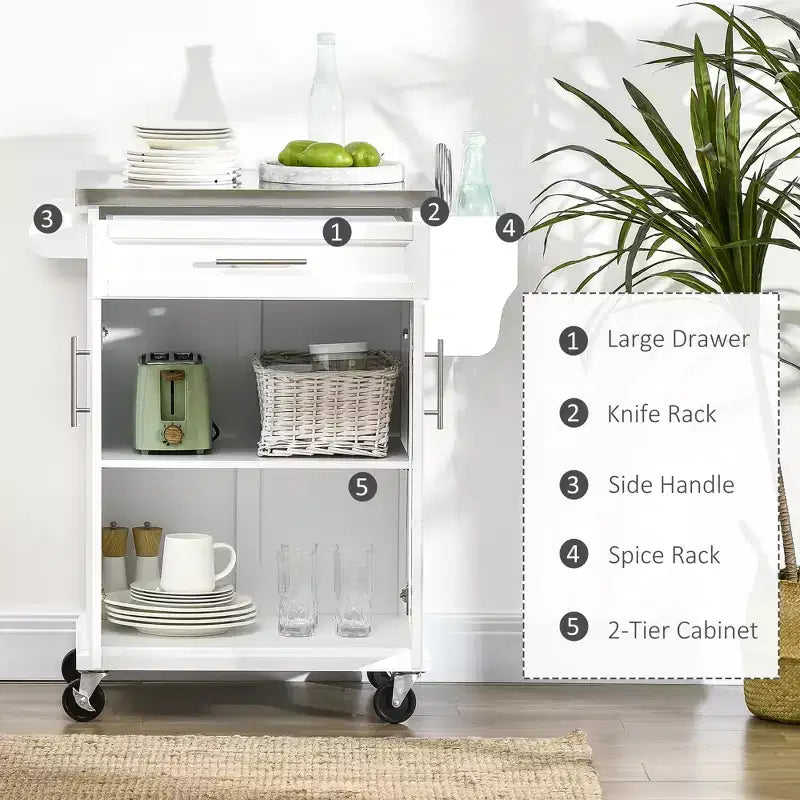 Dessus en acier inoxydable blanc Chariot d'îlot de cuisine de 33 po avec rangement utilitaire, tiroirs, porte-épices, porte-serviettes et 4 roulettes