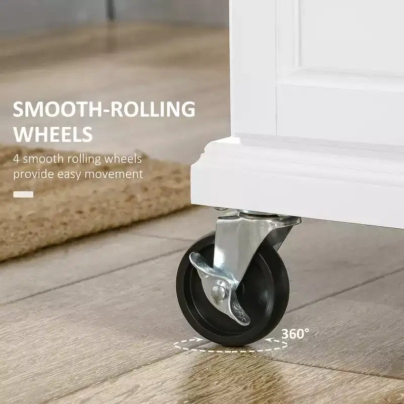 Dessus en acier inoxydable blanc Chariot d'îlot de cuisine de 33 po avec rangement utilitaire, tiroirs, porte-épices, porte-serviettes et 4 roulettes