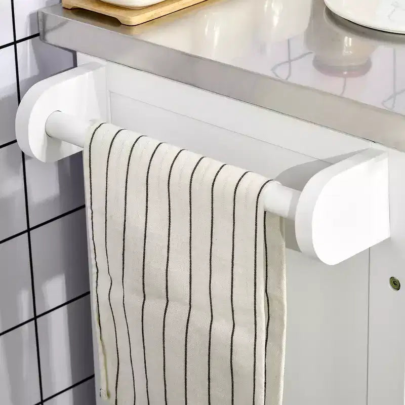 Dessus en acier inoxydable blanc Chariot d'îlot de cuisine de 33 po avec rangement utilitaire, tiroirs, porte-épices, porte-serviettes et 4 roulettes
