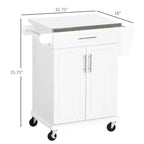 Dessus en acier inoxydable blanc Chariot d'îlot de cuisine de 33 po avec rangement utilitaire, tiroirs, porte-épices, porte-serviettes et 4 roulettes