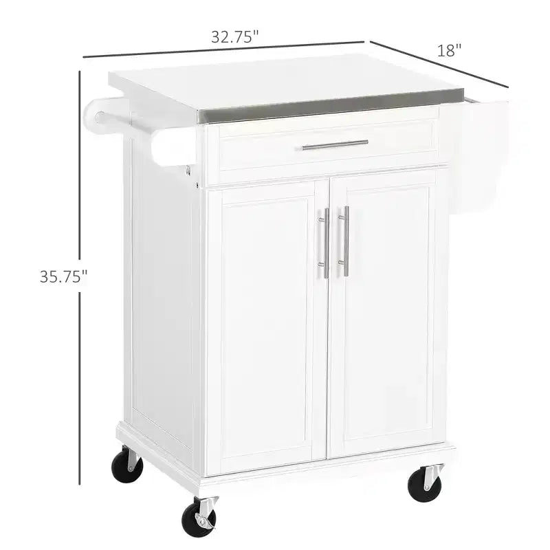 Dessus en acier inoxydable blanc Chariot d'îlot de cuisine de 33 po avec rangement utilitaire, tiroirs, porte-épices, porte-serviettes et 4 roulettes