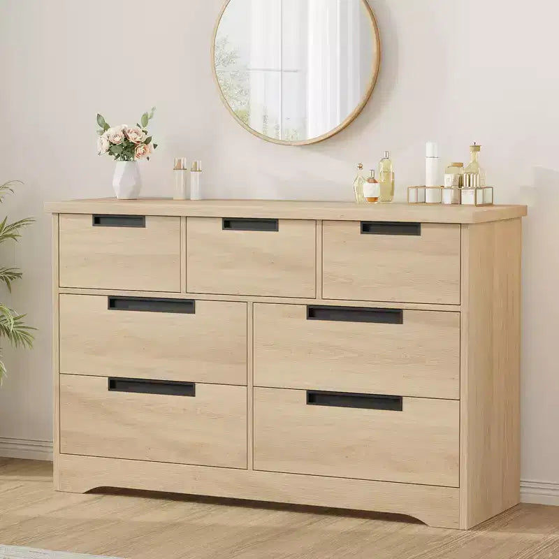 COZONY 46.8 Natural Wood 7 Drawer Dresser, Modern Double Chest with Embedded Handles for Bedroom Living Room