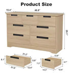 Commode double en bois naturel 46,8" avec 7 tiroirs et poignées intégrées, pour chambre à coucher ou salon