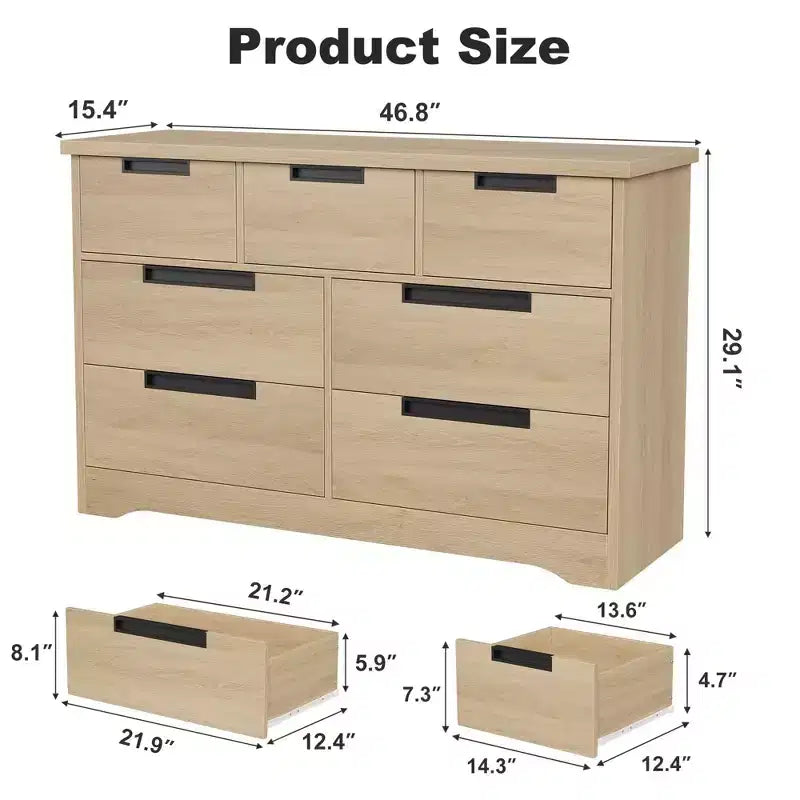 Commode double en bois naturel 46,8" avec 7 tiroirs et poignées intégrées, pour chambre à coucher ou salon