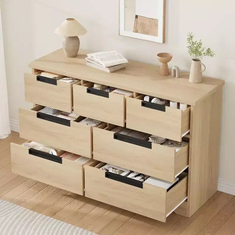 Commode double en bois naturel 46,8" avec 7 tiroirs et poignées intégrées, pour chambre à coucher ou salon