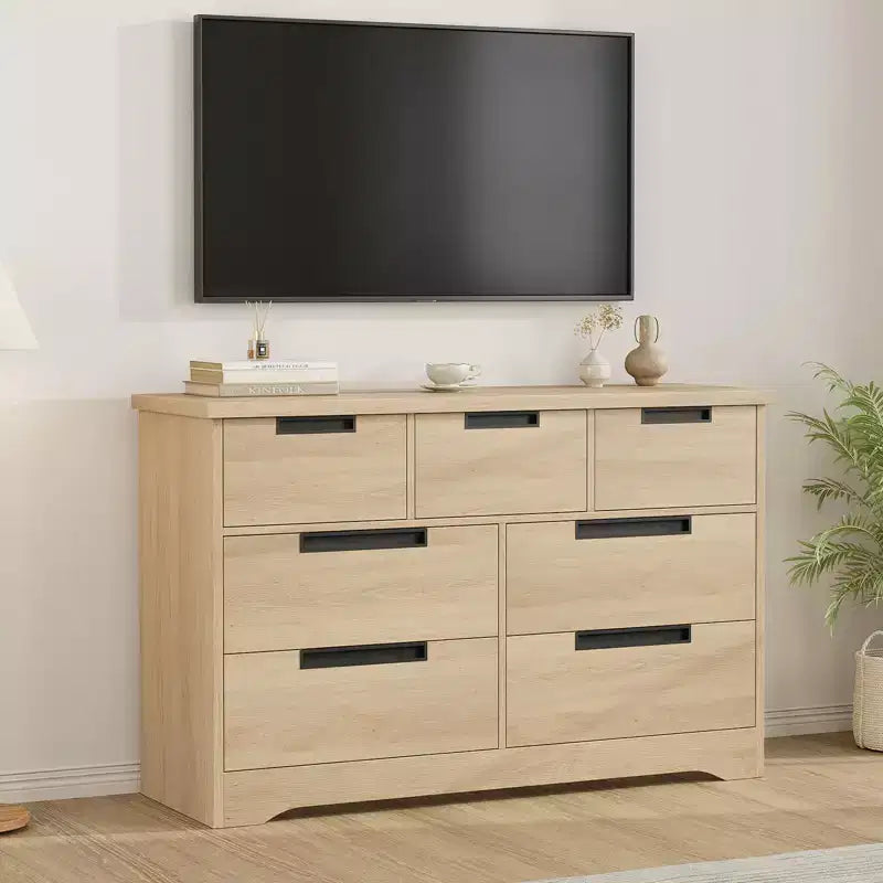 Commode double en bois naturel 46,8" avec 7 tiroirs et poignées intégrées, pour chambre à coucher ou salon