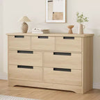 Commode double en bois naturel 46,8" avec 7 tiroirs et poignées intégrées, pour chambre à coucher ou salon