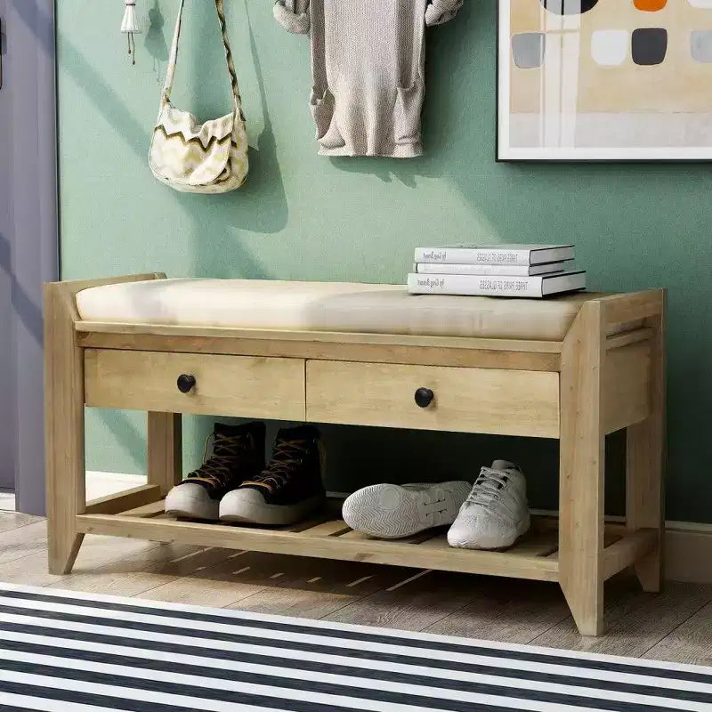 Banc de Rangement à Chaussures en Bois Massif avec 2 Tiroirs et Coussin, Organisateur d'Entrée Multiusage avec Étagère à Grille, Gris Lavé