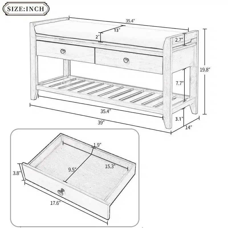 Banc de Rangement à Chaussures en Bois Massif avec 2 Tiroirs et Coussin, Organisateur d'Entrée Multiusage avec Étagère à Grille, Gris Lavé