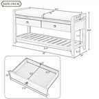 Banc de Rangement à Chaussures en Bois Massif avec 2 Tiroirs et Coussin, Organisateur d'Entrée Multiusage avec Étagère à Grille, Gris Lavé