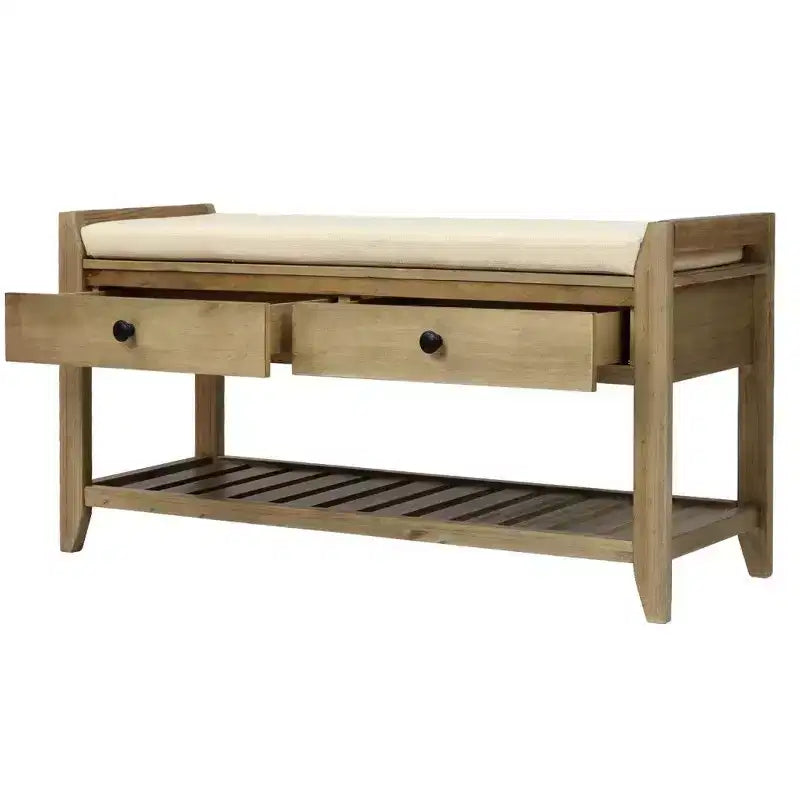 Banc de Rangement à Chaussures en Bois Massif avec 2 Tiroirs et Coussin, Organisateur d'Entrée Multiusage avec Étagère à Grille, Gris Lavé