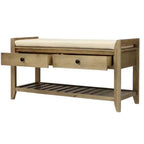 Banc de Rangement à Chaussures en Bois Massif avec 2 Tiroirs et Coussin, Organisateur d'Entrée Multiusage avec Étagère à Grille, Gris Lavé