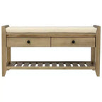 Banc de Rangement à Chaussures en Bois Massif avec 2 Tiroirs et Coussin, Organisateur d'Entrée Multiusage avec Étagère à Grille, Gris Lavé