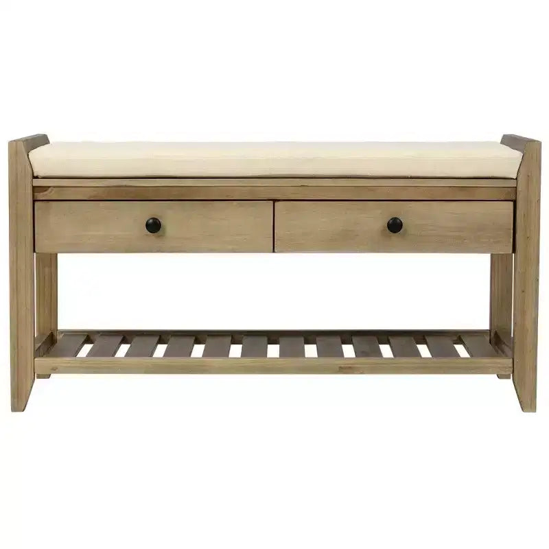Banc de Rangement à Chaussures en Bois Massif avec 2 Tiroirs et Coussin, Organisateur d'Entrée Multiusage avec Étagère à Grille, Gris Lavé