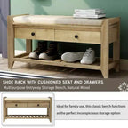 Banc de Rangement à Chaussures en Bois Massif avec 2 Tiroirs et Coussin, Organisateur d'Entrée Multiusage avec Étagère à Grille, Gris Lavé