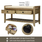 Banc de Rangement à Chaussures en Bois Massif avec 2 Tiroirs et Coussin, Organisateur d'Entrée Multiusage avec Étagère à Grille, Gris Lavé