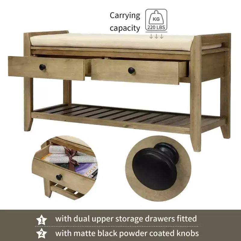 Banc de Rangement à Chaussures en Bois Massif avec 2 Tiroirs et Coussin, Organisateur d'Entrée Multiusage avec Étagère à Grille, Gris Lavé