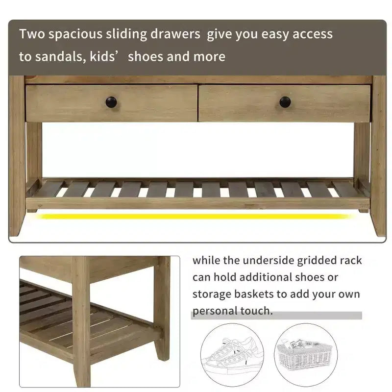 Banc de Rangement à Chaussures en Bois Massif avec 2 Tiroirs et Coussin, Organisateur d'Entrée Multiusage avec Étagère à Grille, Gris Lavé