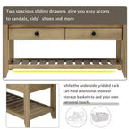 Banc de Rangement à Chaussures en Bois Massif avec 2 Tiroirs et Coussin, Organisateur d'Entrée Multiusage avec Étagère à Grille, Gris Lavé