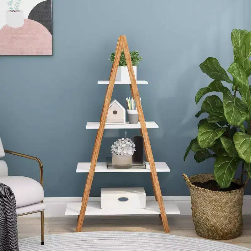 Étagère en bois avec cadre en forme d'échelle, étagère de présentation ouverte, étagère de rangement en forme d'échelle pour plantes, meuble de rangement pour salon