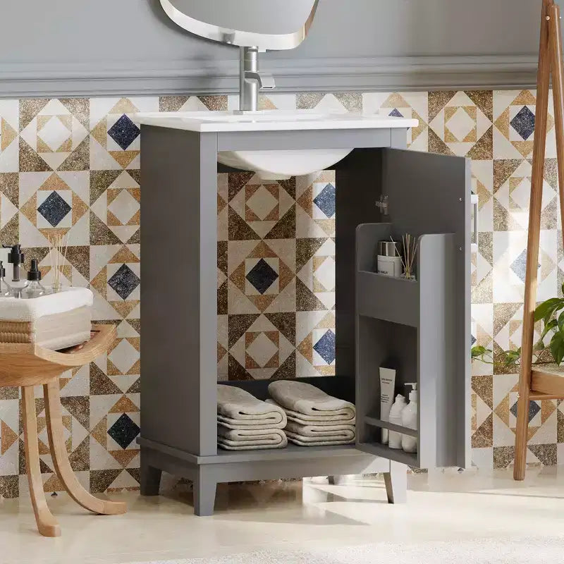 Meuble-lavabo de salle de bain de 20 pouces avec évier en céramique, portes à fermeture douce et rangement double couche, armoire de lavabo simple grise pour petites salles de bain