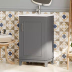 Meuble-lavabo de salle de bain de 20 pouces avec évier en céramique, portes à fermeture douce et rangement double couche, armoire de lavabo simple grise pour petites salles de bain
