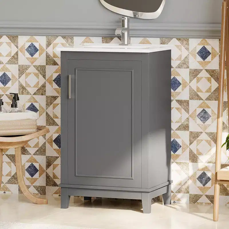 Meuble-lavabo de salle de bain de 20 pouces avec évier en céramique, portes à fermeture douce et rangement double couche, armoire de lavabo simple grise pour petites salles de bain