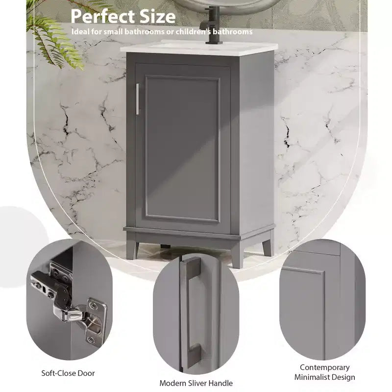 Meuble-lavabo de salle de bain de 20 pouces avec évier en céramique, portes à fermeture douce et rangement double couche, armoire de lavabo simple grise pour petites salles de bain