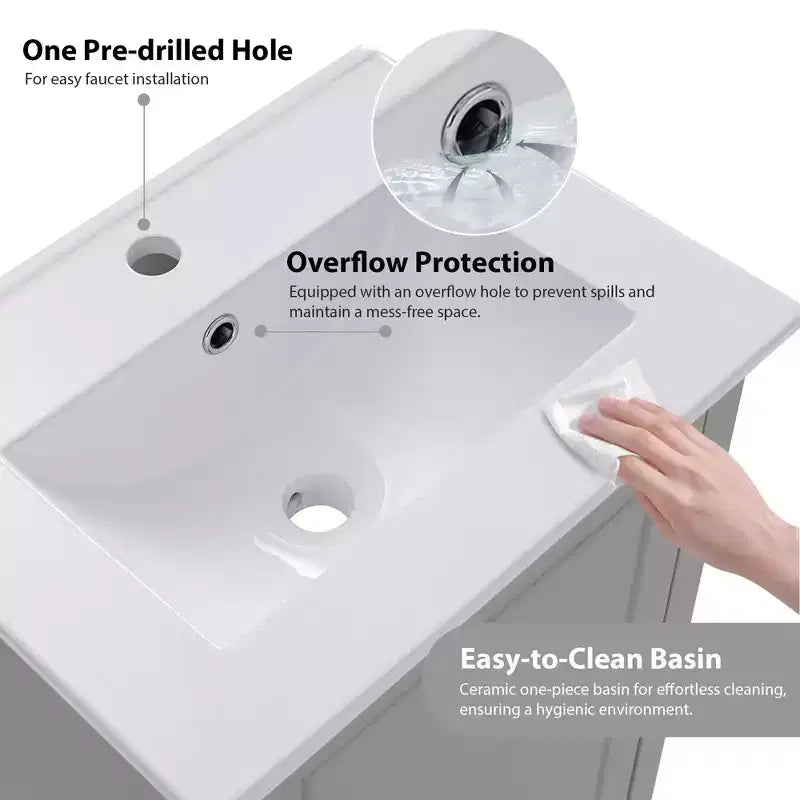 Meuble-lavabo de salle de bain de 20 pouces avec évier en céramique, portes à fermeture douce et rangement double couche, armoire de lavabo simple grise pour petites salles de bain