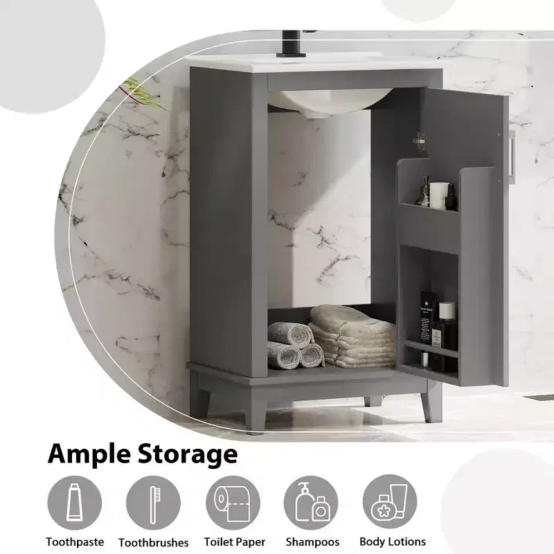 Meuble-lavabo de salle de bain de 20 pouces avec évier en céramique, portes à fermeture douce et rangement double couche, armoire de lavabo simple grise pour petites salles de bain