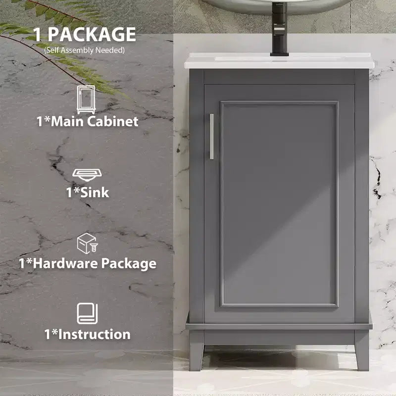 Meuble-lavabo de salle de bain de 20 pouces avec évier en céramique, portes à fermeture douce et rangement double couche, armoire de lavabo simple grise pour petites salles de bain