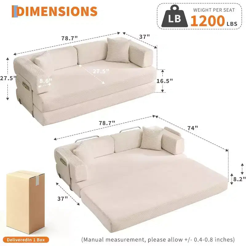 Canapé-lit convertible, canapé-lit de 78,8 po, canapé-lit pliant 5-en-1 avec cadre fixe, oreiller, tissu en velours côtelé
