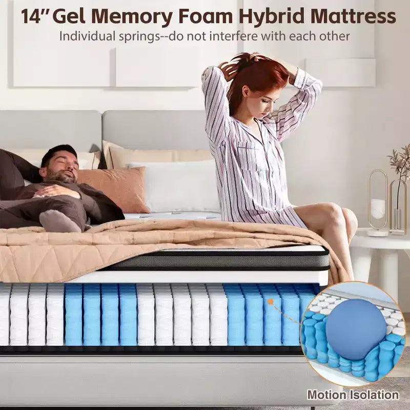 Matelas Queen size 14 pouces dans une boîte, matelas hybride à mémoire de forme Queen size, fermeté moyenne, tissu respirant et rafraîchissant, isolation des mouvements, soulagement de la pression zoné