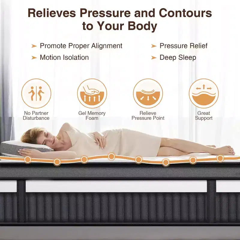 Matelas Queen size 14 pouces dans une boîte, matelas hybride à mémoire de forme Queen size, fermeté moyenne, tissu respirant et rafraîchissant, isolation des mouvements, soulagement de la pression zoné
