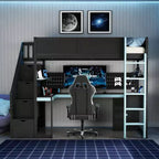 Luxystar Modern Twin Size Loft Bed With Storage Stairs, U Shaped Desk, Drawers And Pegboard