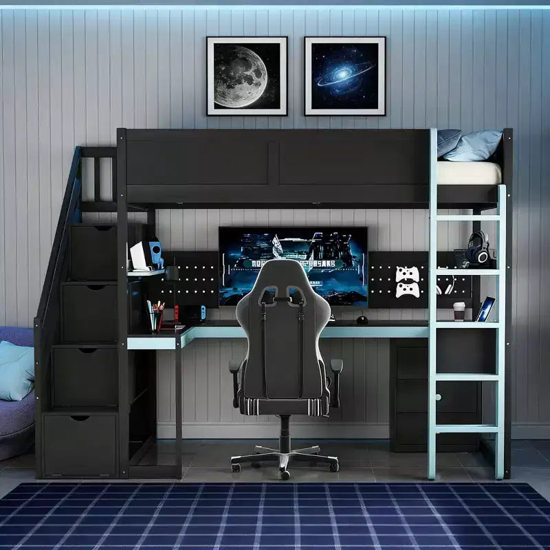Luxystar Modern Twin Size Loft Bed With Storage Stairs, U Shaped Desk, Drawers And Pegboard