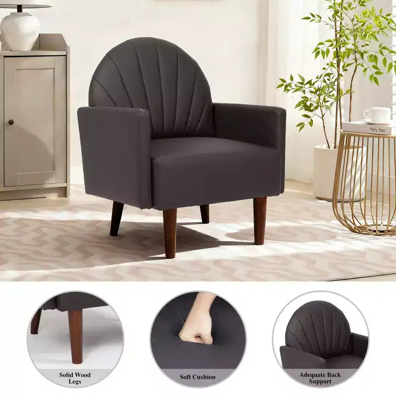 Fauteuil Coquille, Chaise Longue Rembourrée en Cuir PU avec Pieds en Bois Massif, Fauteuil d'Appoint Enveloppant pour Salon, Bureau, Balcon