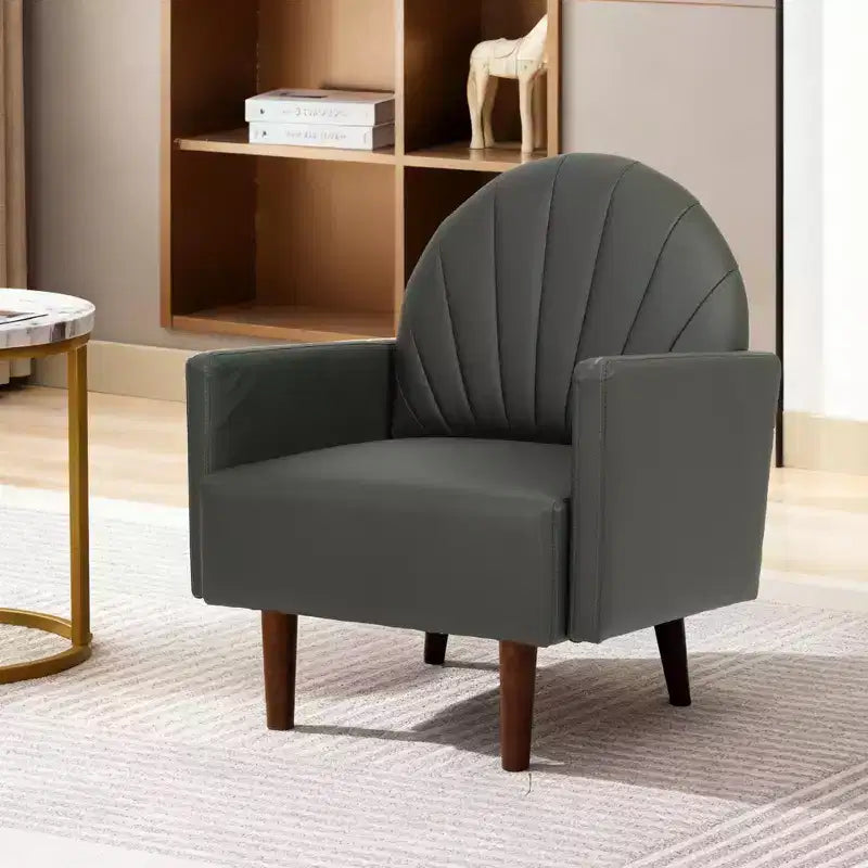 Fauteuil Coquille, Chaise Longue Rembourrée en Cuir PU avec Pieds en Bois Massif, Fauteuil d'Appoint Enveloppant pour Salon, Bureau, Balcon