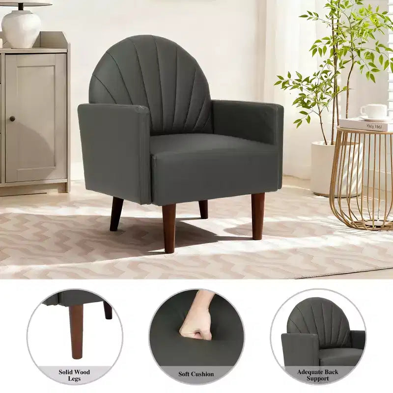 Fauteuil Coquille, Chaise Longue Rembourrée en Cuir PU avec Pieds en Bois Massif, Fauteuil d'Appoint Enveloppant pour Salon, Bureau, Balcon