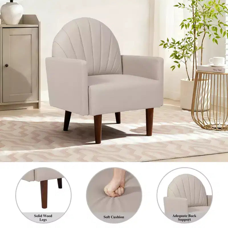 Fauteuil Coquille, Chaise Longue Rembourrée en Cuir PU avec Pieds en Bois Massif, Fauteuil d'Appoint Enveloppant pour Salon, Bureau, Balcon