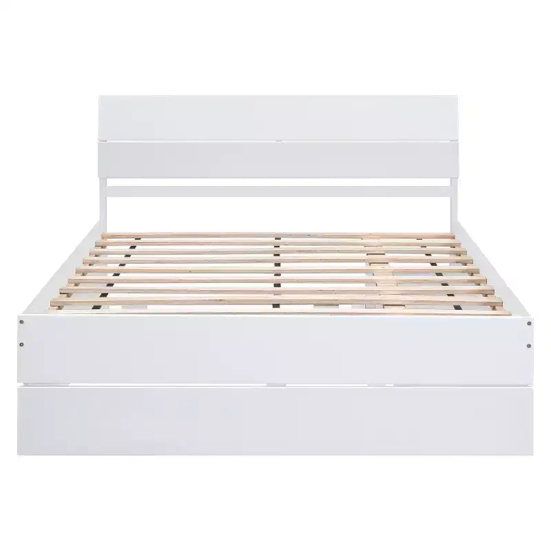 Full Size Platform Bed Frame with Twin Trundle & 2 Drawers, Wood Slat Support, No Box Spring Needed for Guestroom Small Space