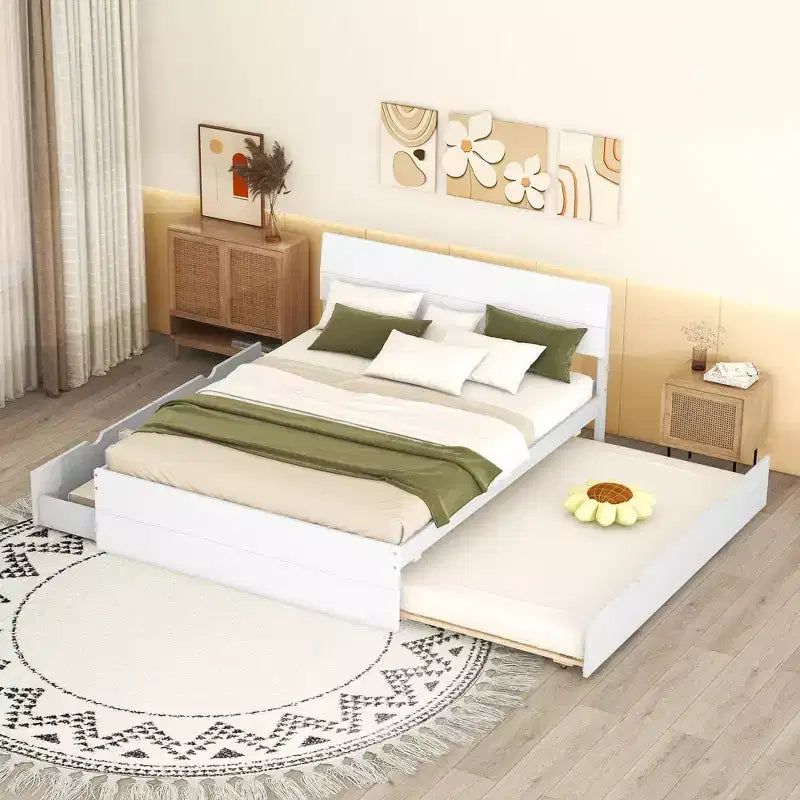 Cadre de lit plateforme double avec lit gigogne simple et 2 tiroirs, support à lattes en bois, pas besoin de sommier tapissier pour chambre d'amis ou petit espace
