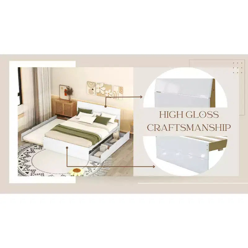 Cadre de lit plateforme double avec lit gigogne simple et 2 tiroirs, support à lattes en bois, pas besoin de sommier tapissier pour chambre d'amis ou petit espace