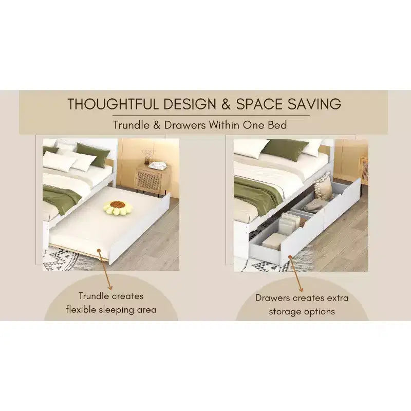 Cadre de lit plateforme double avec lit gigogne simple et 2 tiroirs, support à lattes en bois, pas besoin de sommier tapissier pour chambre d'amis ou petit espace
